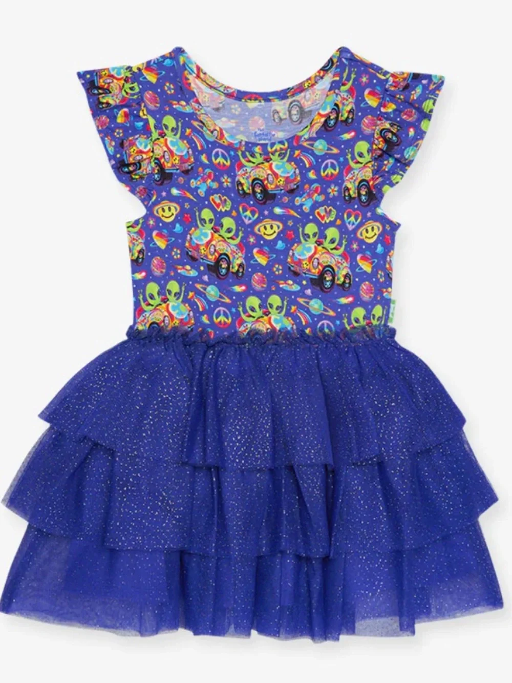 Posh Peanut Lisa Frank Zoomer & Zorbit Ruffled Cap Sleeve Tulle Dress